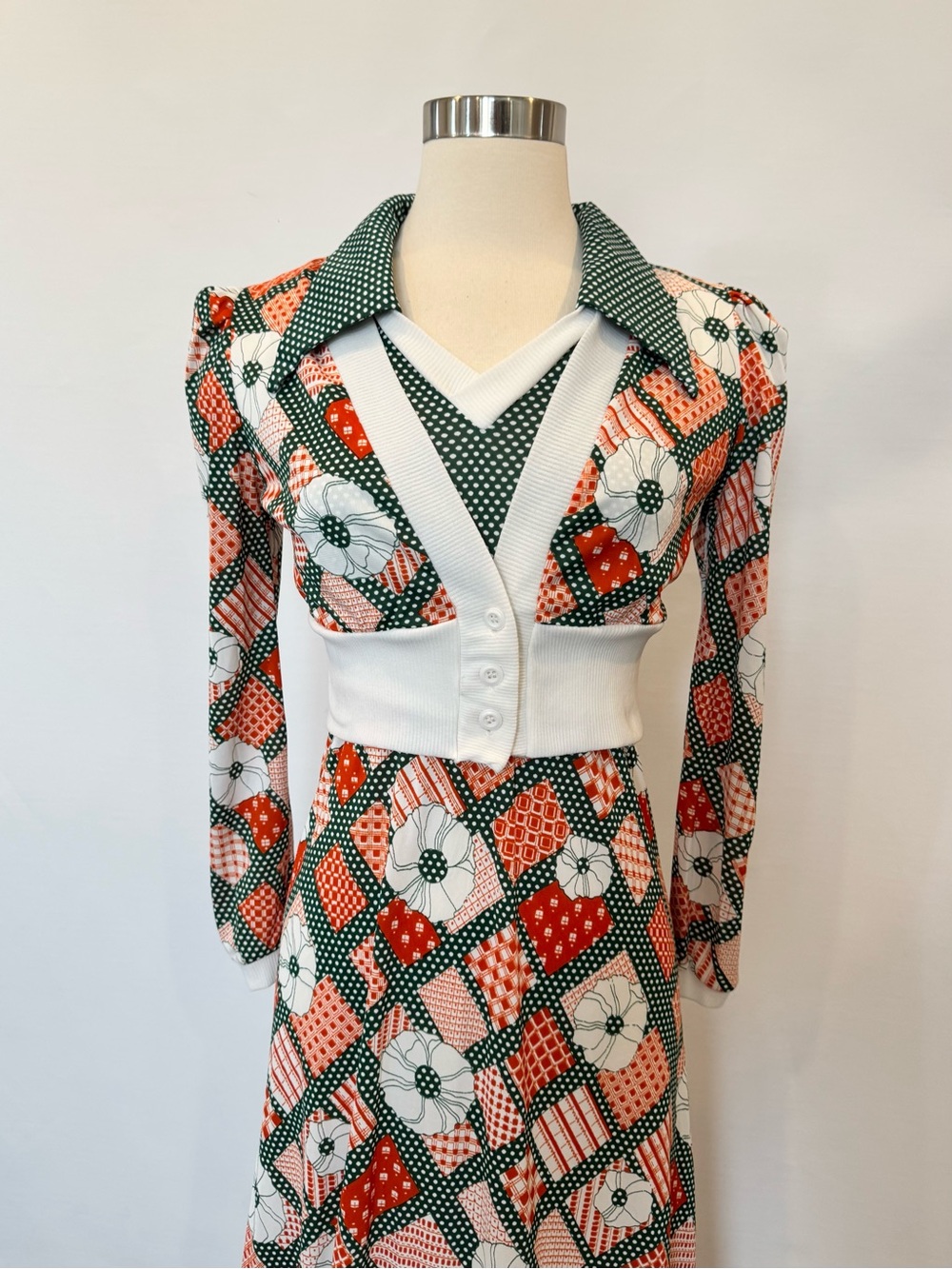 70s Vintage Groovy Plaid Polka Dot Green Halter Dress Maxi Gown & Jacket Set - Picture 2 of 12
